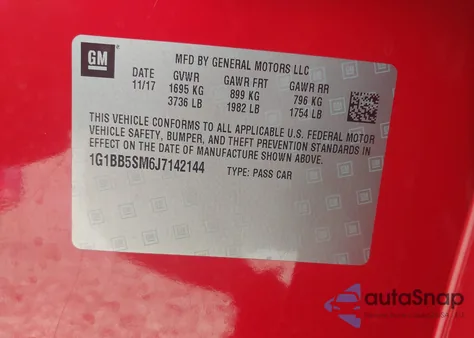 2018 Chevrolet Cruze Ls Manual z USA, uszkodzony, nr VIN 1G1BB5SM6J7142144